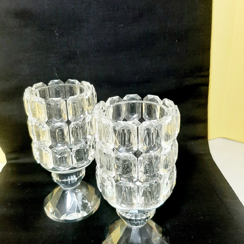 Pair of Crystal Art Glass Cubist Pedestal tealight/votive Candle Holders.